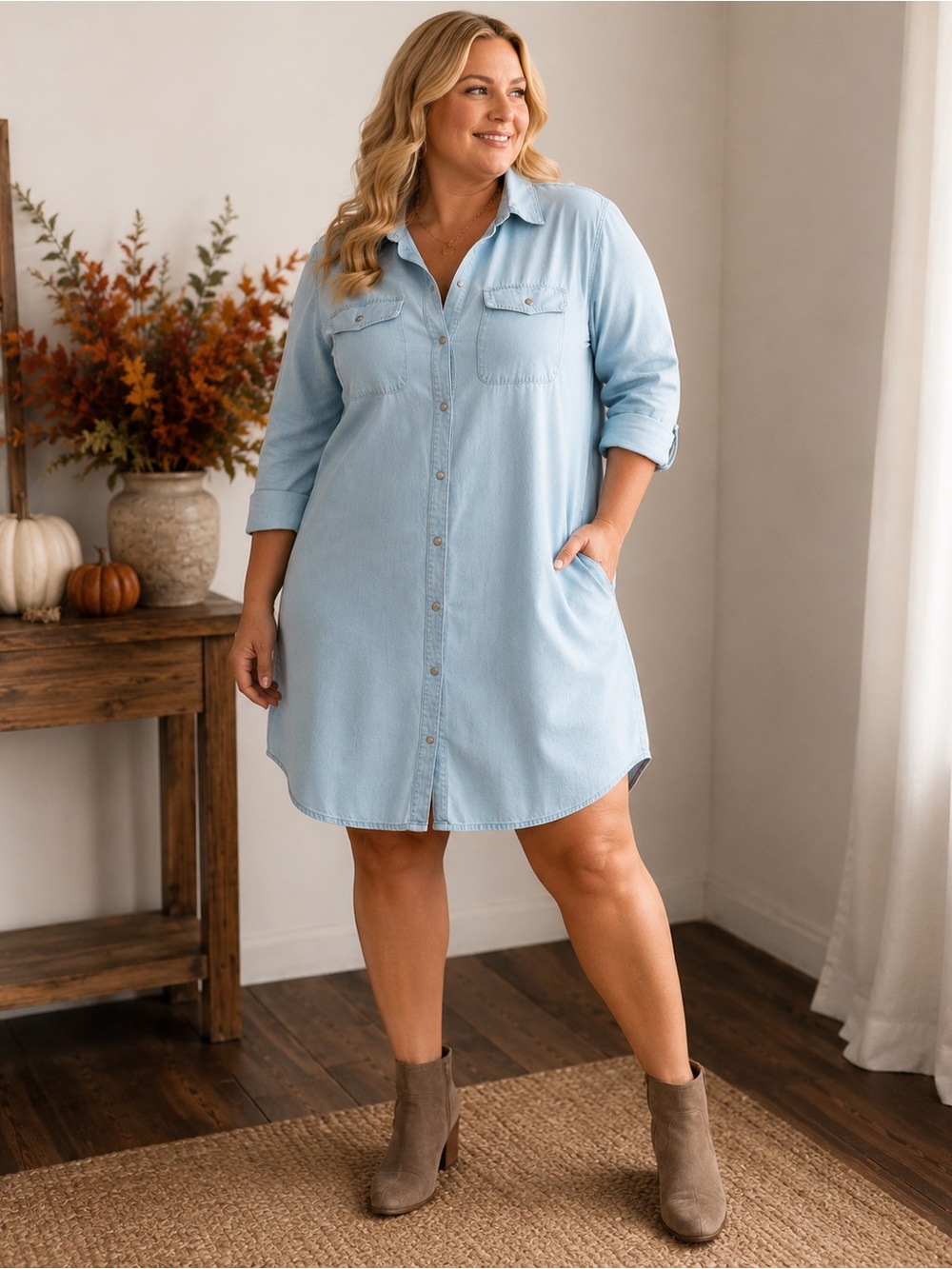 Terra & Sky Soft Chambray Shirt Dress | 0X (14W) | Light Wash
